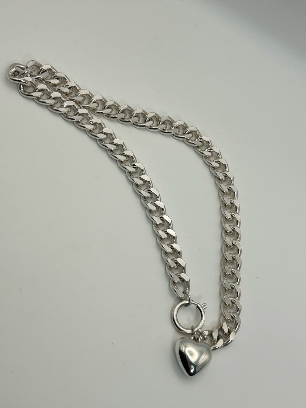 Puffy Heart Charm Curb Chain Necklace Chunky 16" Unsigned Silver-tone - Picture 12 of 12